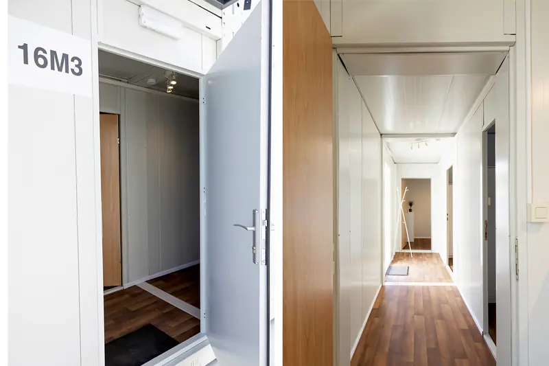 Inkom met deur en gang naar de kamers